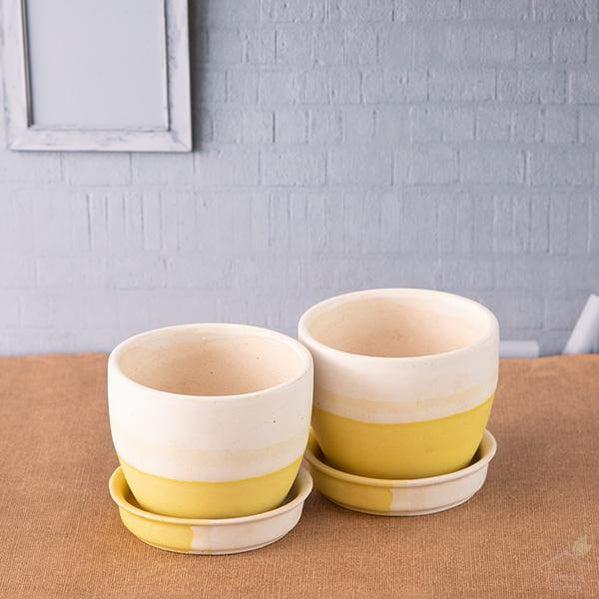 3.7" Yellow, White Egg Ceramic Pot with Plate - 1 Pot-Pots-Root Bridges